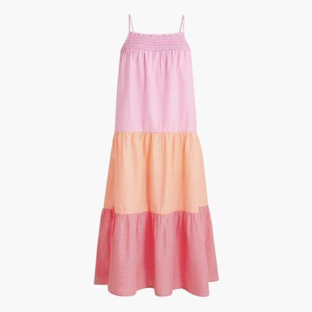 J.Crew Smocked Midi Dress Tiered Rainbow Stripe Pink Orange Small Colorblock S